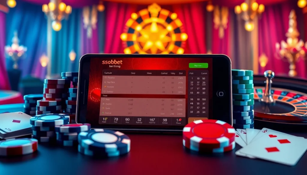Experience sbobet online betting gameplay on a luxurious mobile device surrounded by casino elements.