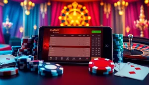 Experience sbobet online betting gameplay on a luxurious mobile device surrounded by casino elements.