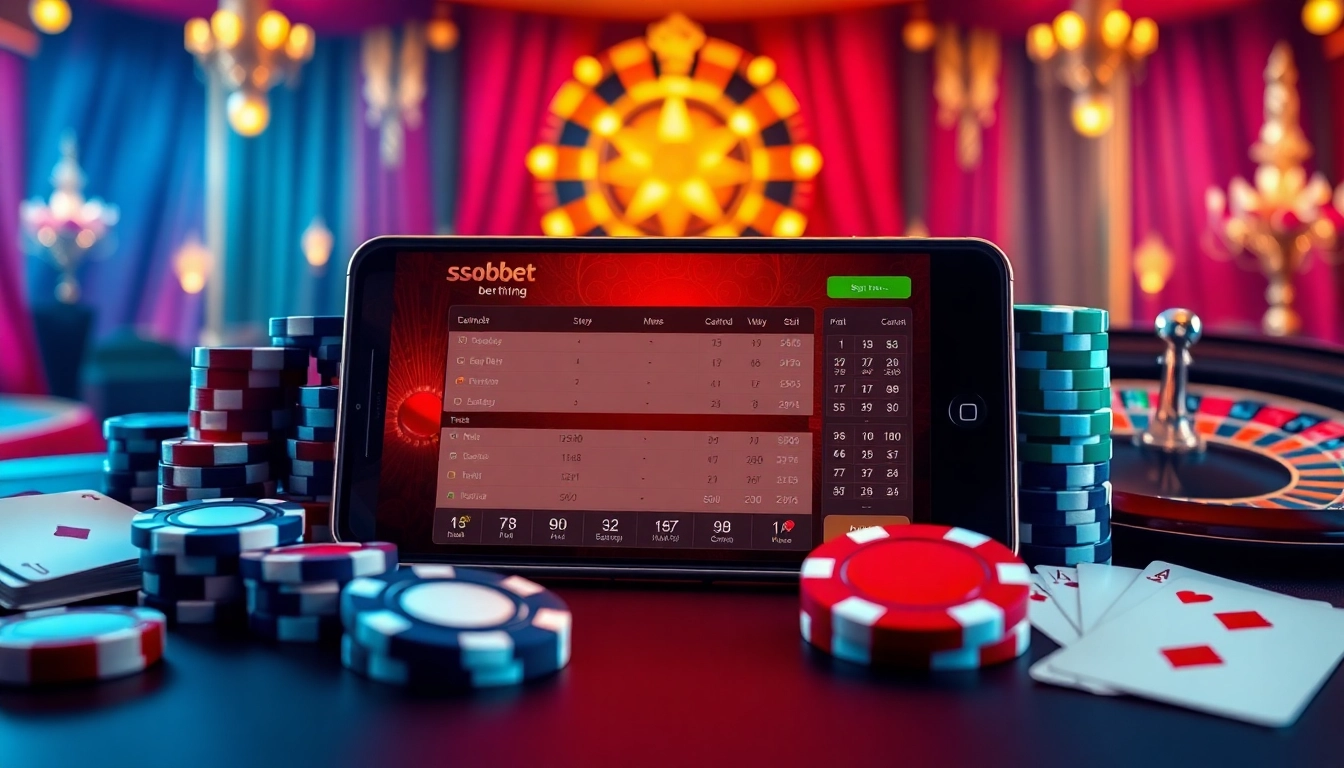 Experience sbobet online betting gameplay on a luxurious mobile device surrounded by casino elements.