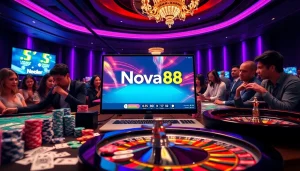 Exciting gaming experience at nova88 with poker chips and roulette wheel in vibrant casino atmosphere.