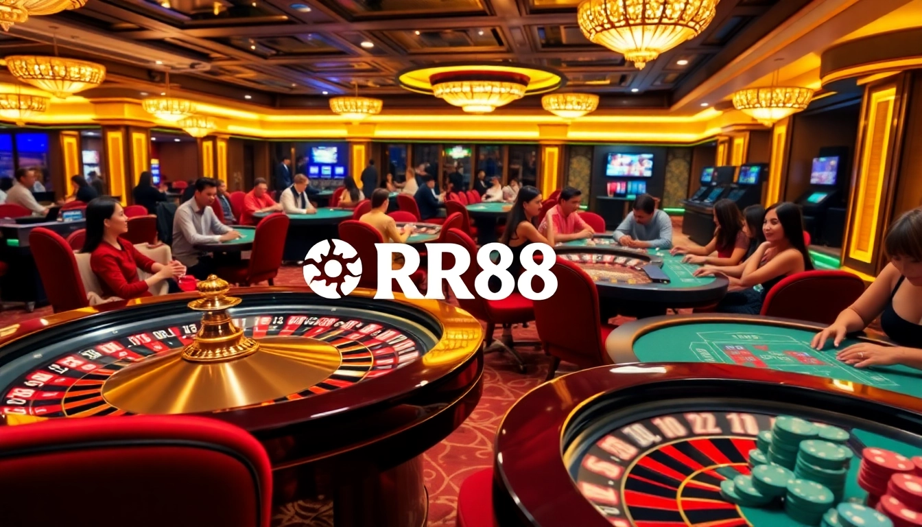 Experience thrilling gambling action at RR88 with players engaging at luxurious casino tables.