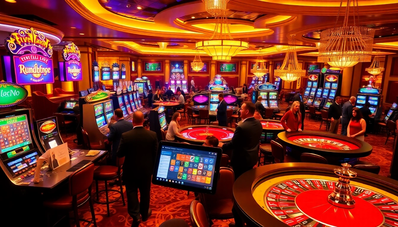 Exciting casino gaming scene with slot machines and betting slips at https://five88.za.com/.