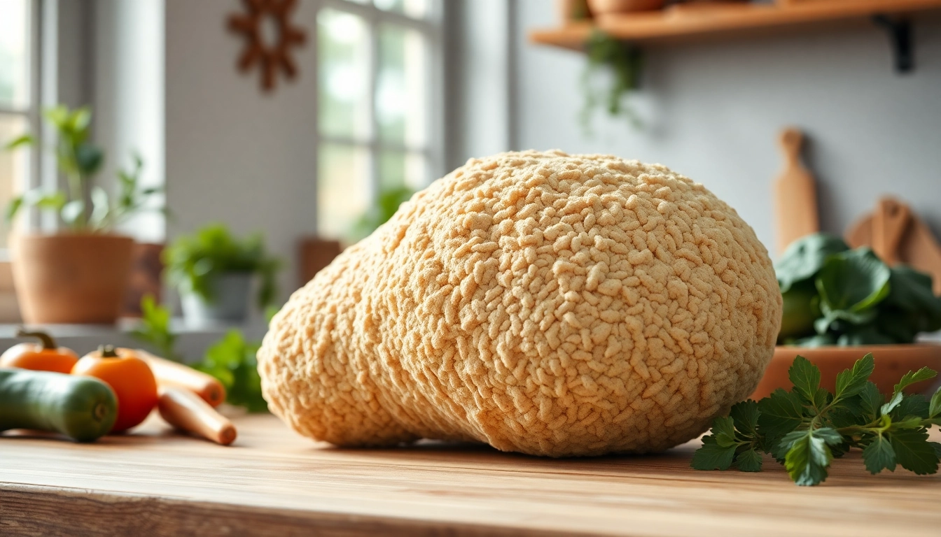 Scrubbing vegetables with a kitchen loofah on a wooden counter, showcasing its texture.