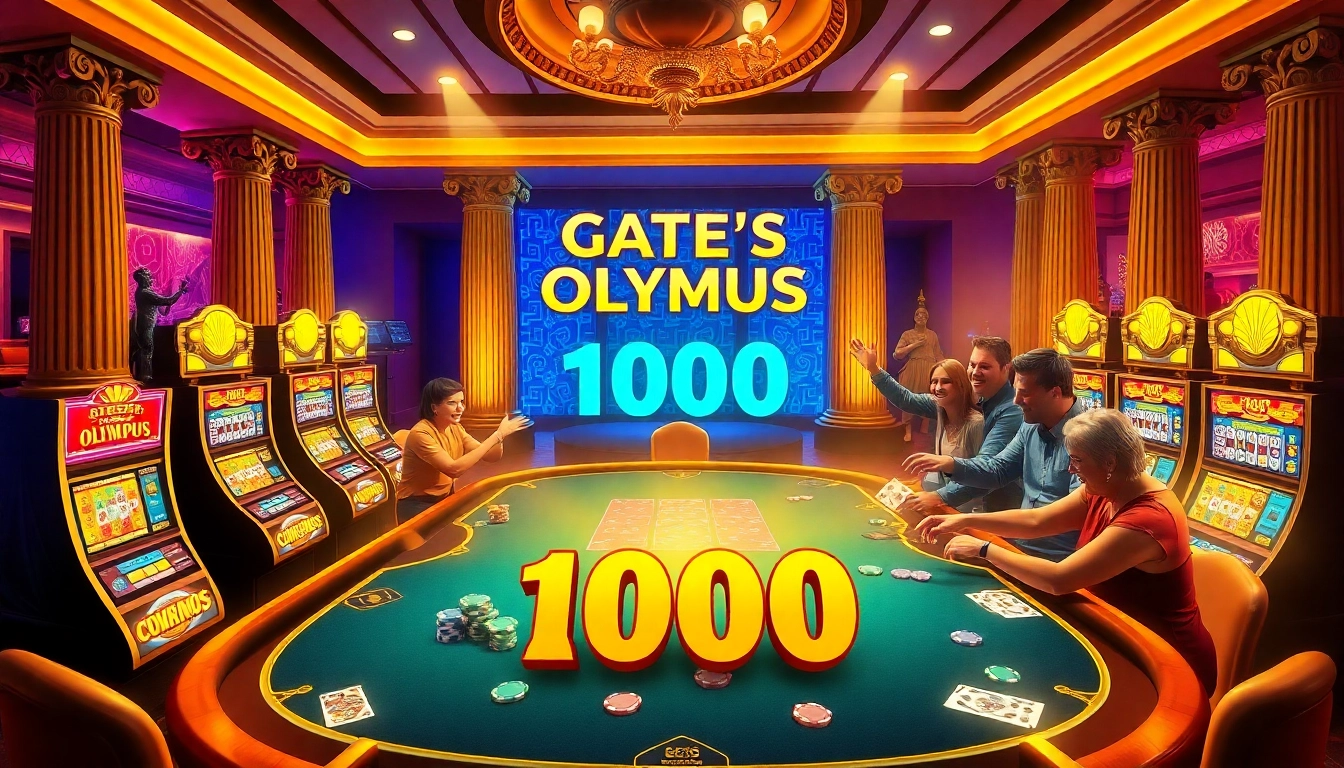Pemain terlibat dalam aksi mendebarkan di mesin slot Olympus 1000 dalam suasana kasino yang semarak.