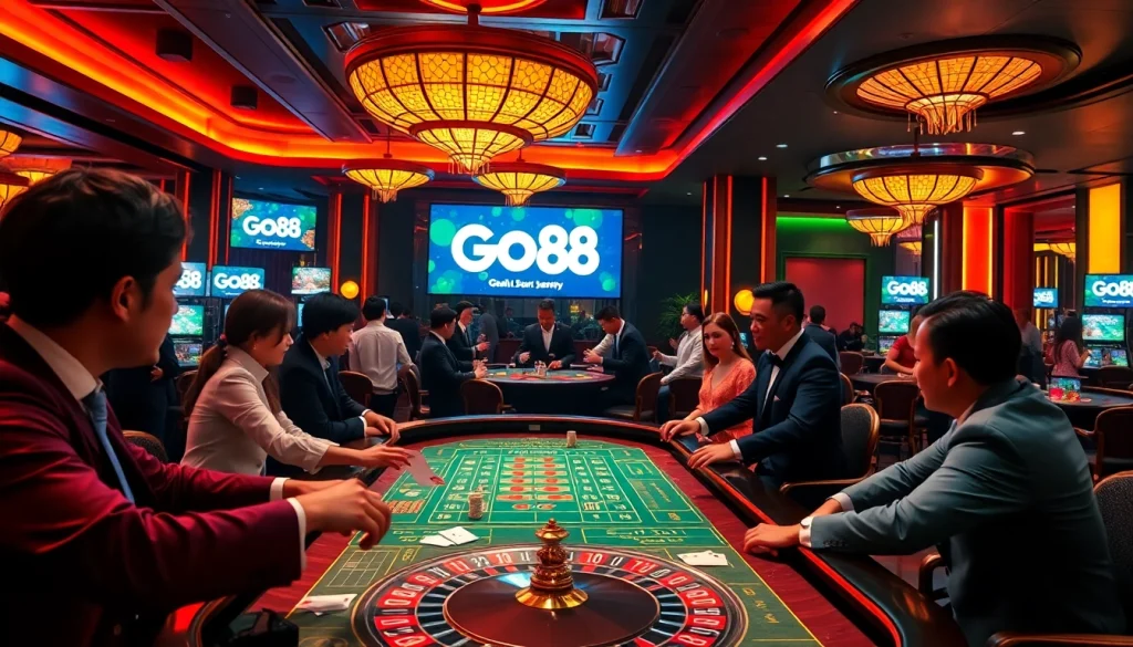 Players enjoying a thrilling game at the GO88 casino table amidst vibrant surroundings.
