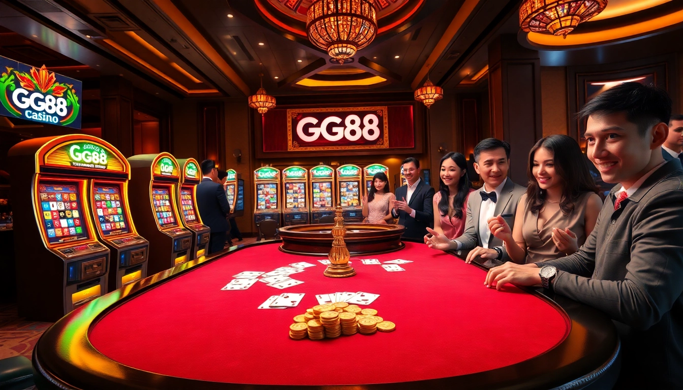 Players enjoying a vibrant casino atmosphere at GG88, surrounded by engaging gaming tables and slot machines.
