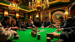 Intense poker game at a luxury casino featuring tt 88 chips and players in action.