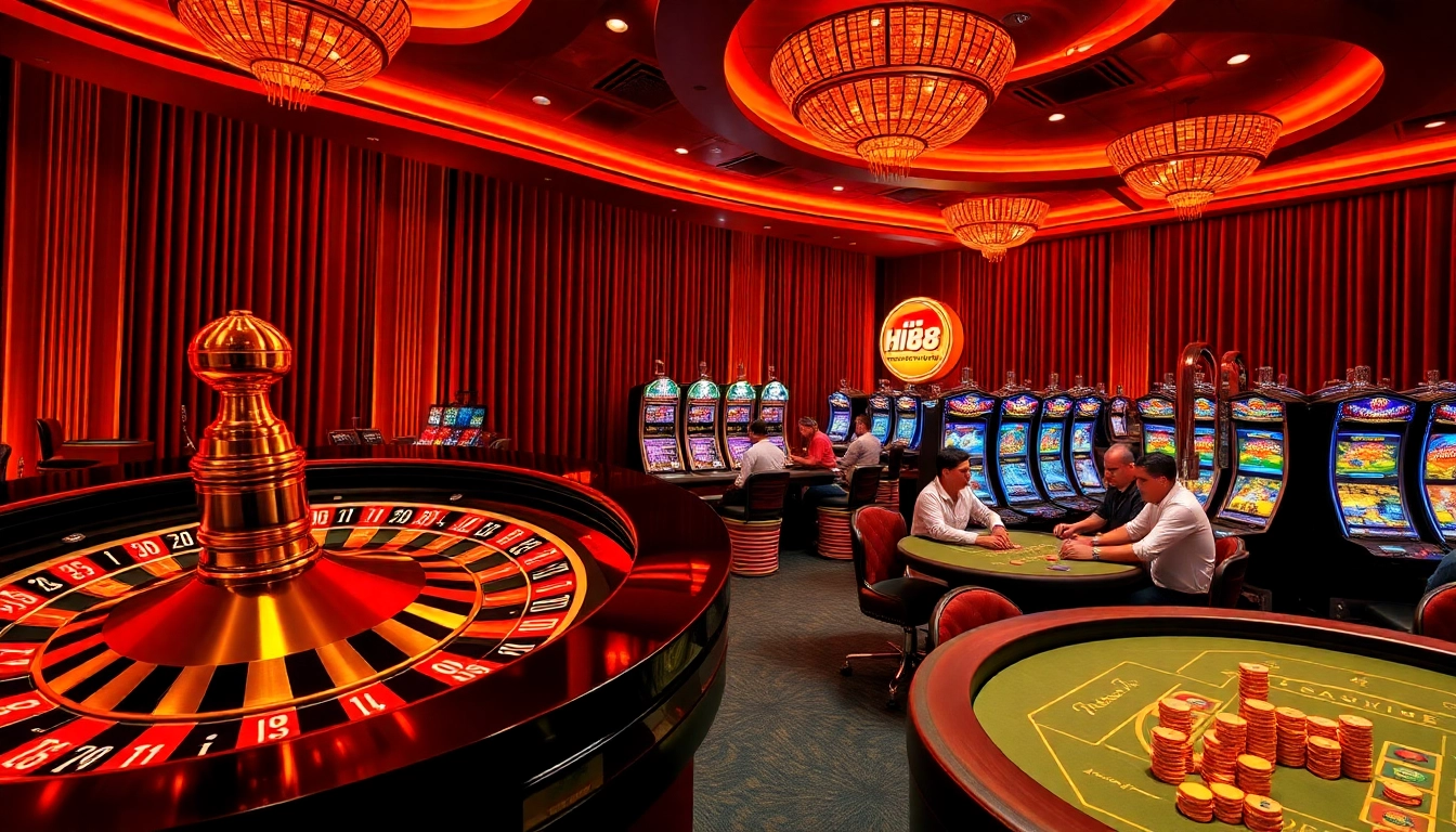 Players winning at Hi88's luxurious casino tables with vibrant slot machines in the background.
