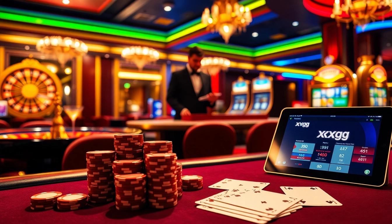 Players enjoying a high-stakes game at a luxurious casino with the xxgg logo featured.
