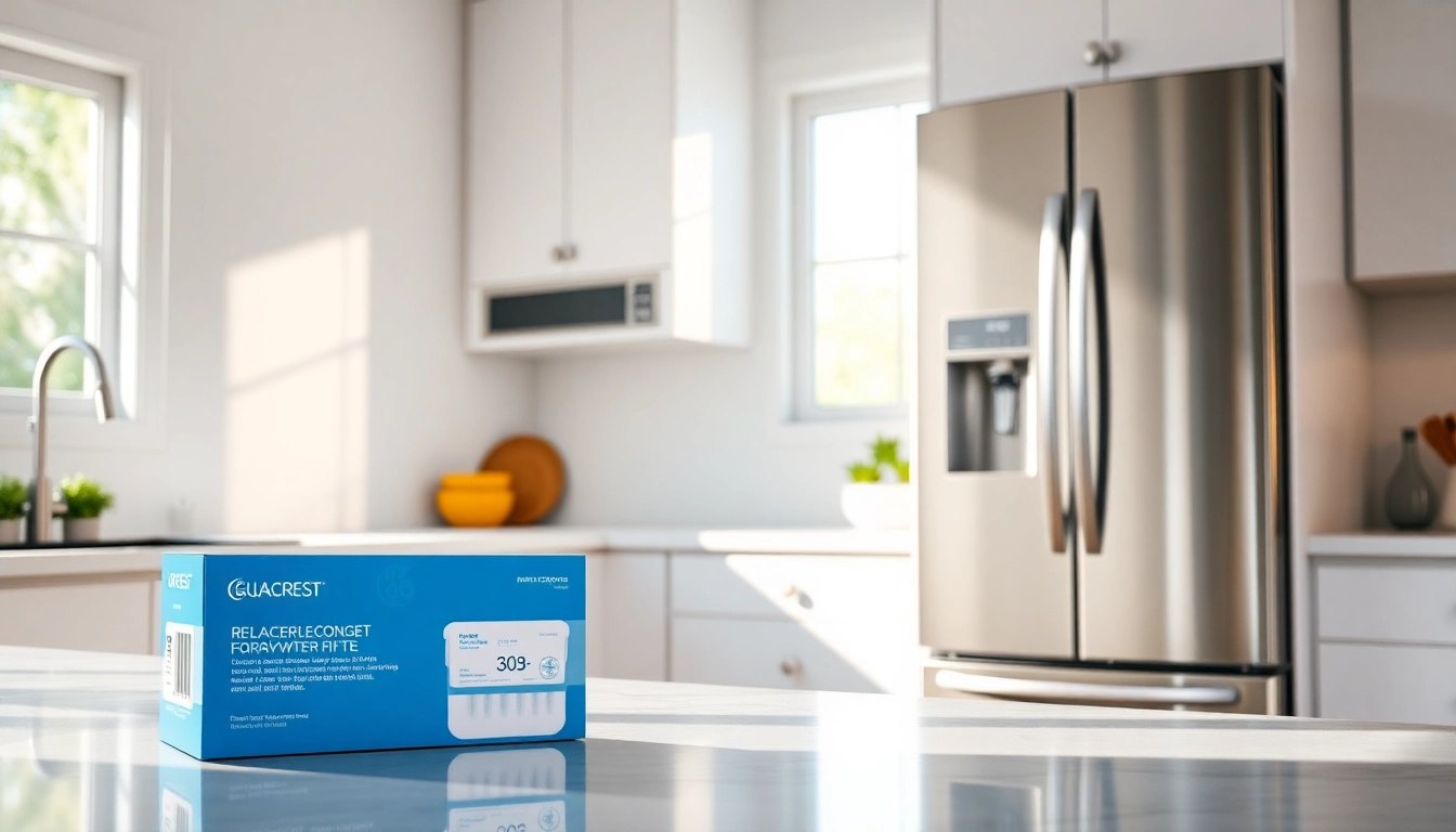 AQUA CREST Replacement for GE® RPWFE water filter showcased in a modern kitchen setting, emphasizing cleanliness and freshness.