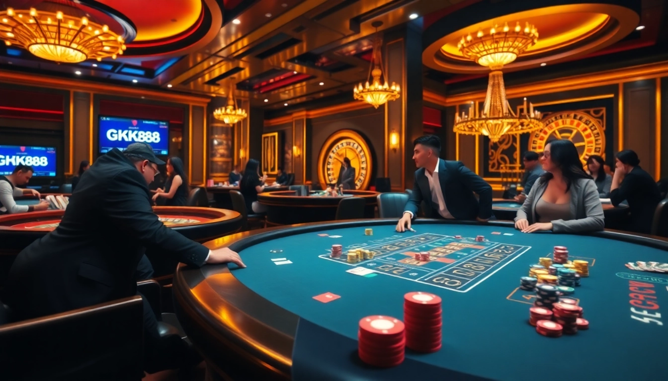 Engaging GK88 poker game scene highlighting excitement with colorful chips and dealer interactions.