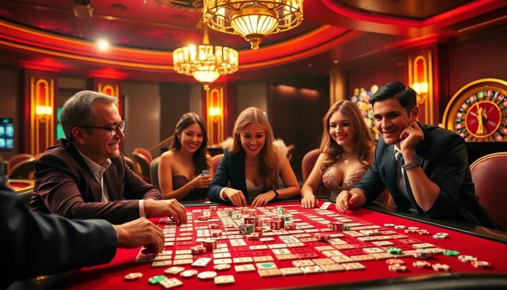Engaging scene of רמיקוב אונליין players strategizing at a luxurious casino table.