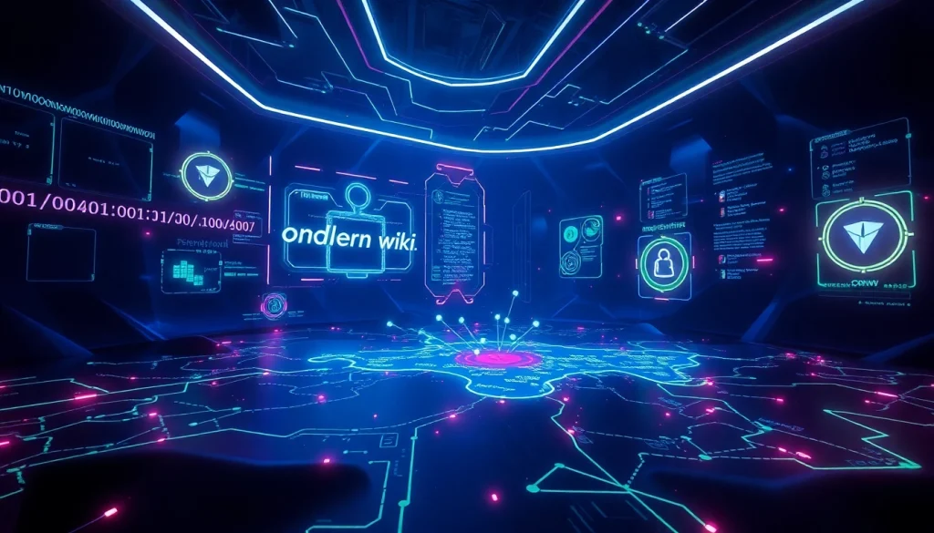 The hidden wiki visualized as a mysterious digital landscape with abstract .onion links and encrypted communication symbols.