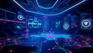 The hidden wiki visualized as a mysterious digital landscape with abstract .onion links and encrypted communication symbols.