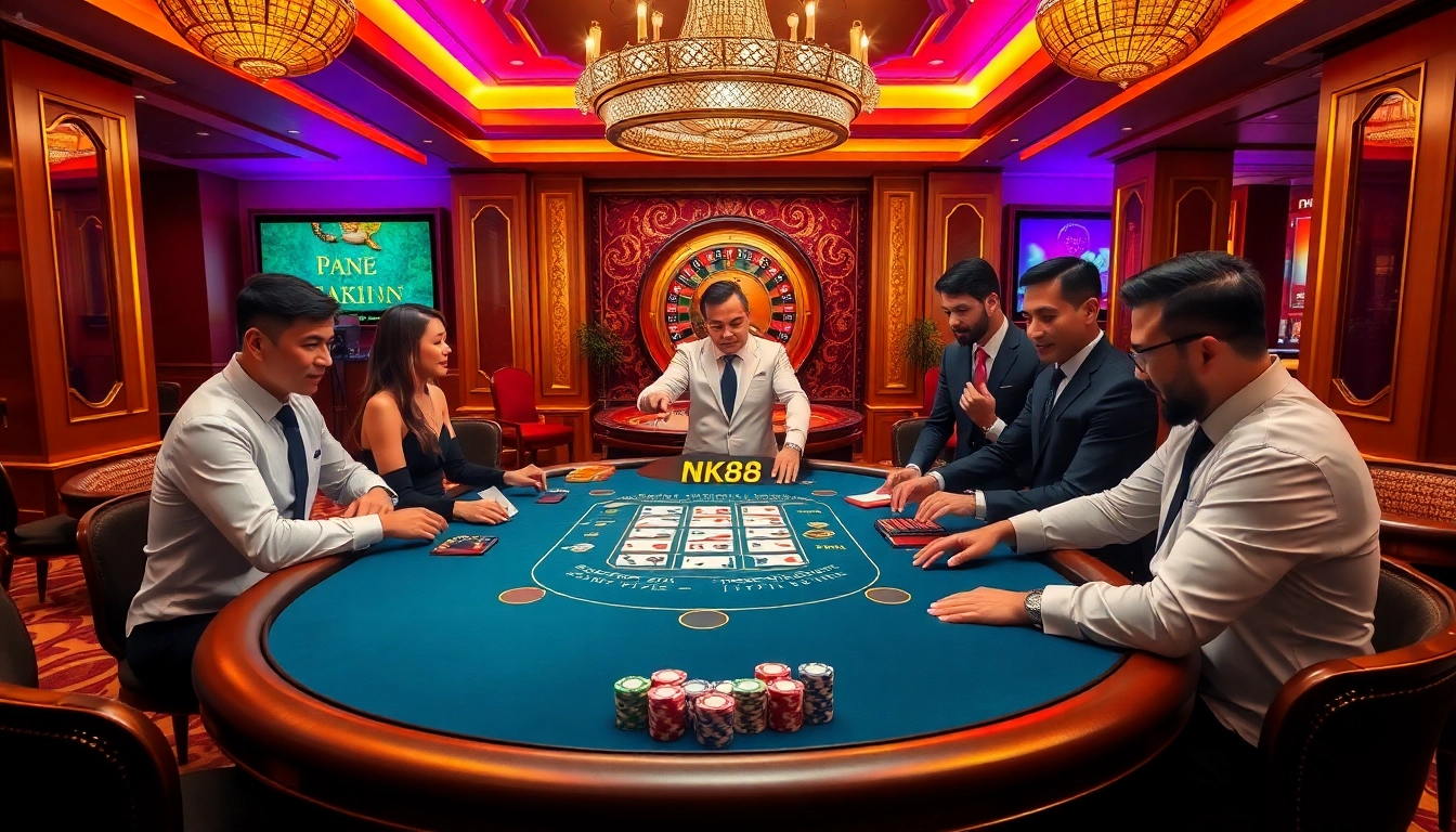 NK88 players strategizing at a glamorous blackjack table in a luxury casino.