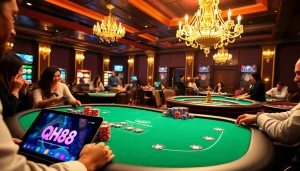Experience the excitement of QH88 with players at a luxurious poker table in a vibrant casino.