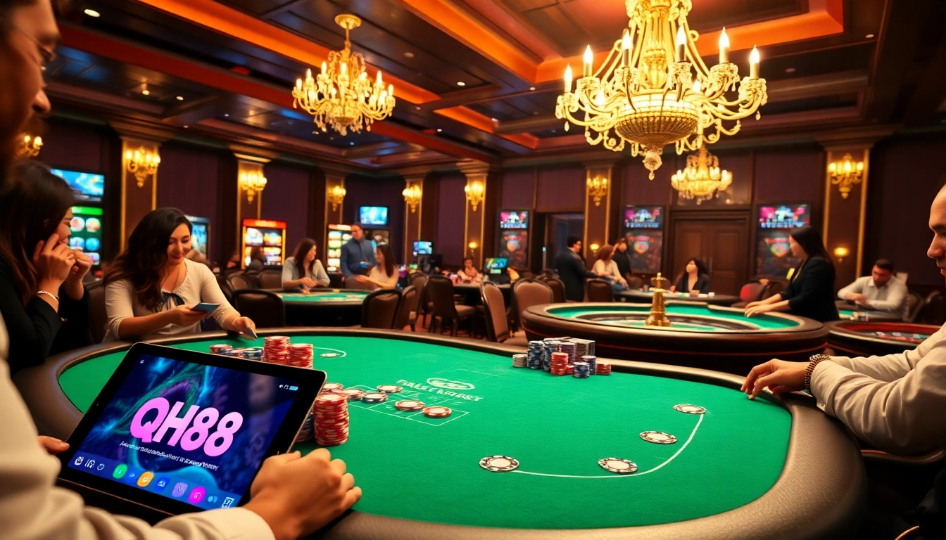 Experience the excitement of QH88 with players at a luxurious poker table in a vibrant casino.