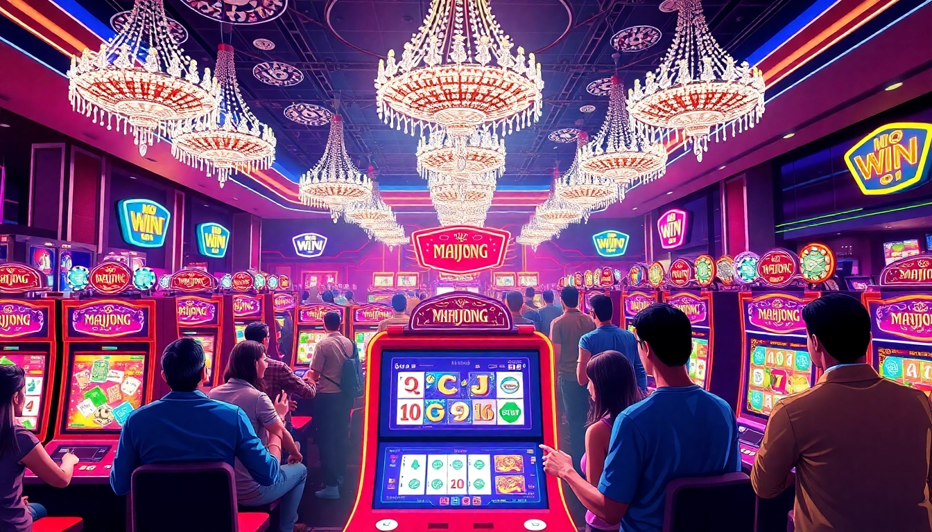 Experience the excitement of the slot demo mahjong at a lively casino, showcasing players engaging with vibrant machines.