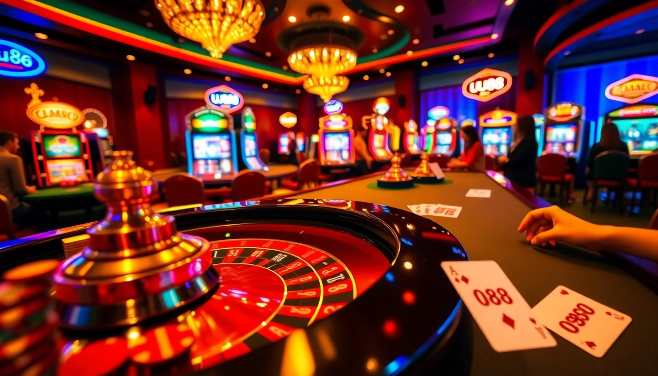 Exciting gaming action at the uu88 casino with a roulette table, poker chips, and slot machines.