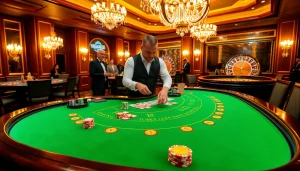 Players strategizing at a luxurious blackjack table, representing bdjl win in a vibrant casino setting.
