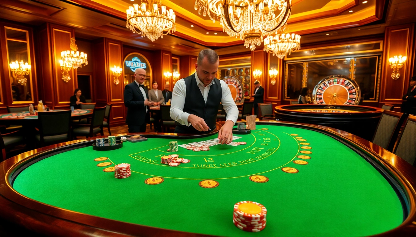 Players strategizing at a luxurious blackjack table, representing bdjl win in a vibrant casino setting.