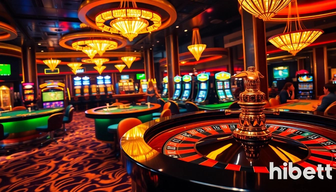 Experience the thrill of casino gaming with hbbet at a vibrant gaming scene featuring roulette, poker, and slot machines.