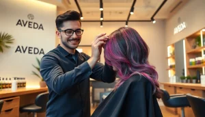 Experience vibrant hair highlights at an Aveda salon in San Diego, capturing professional artistry and a calming atmosphere.