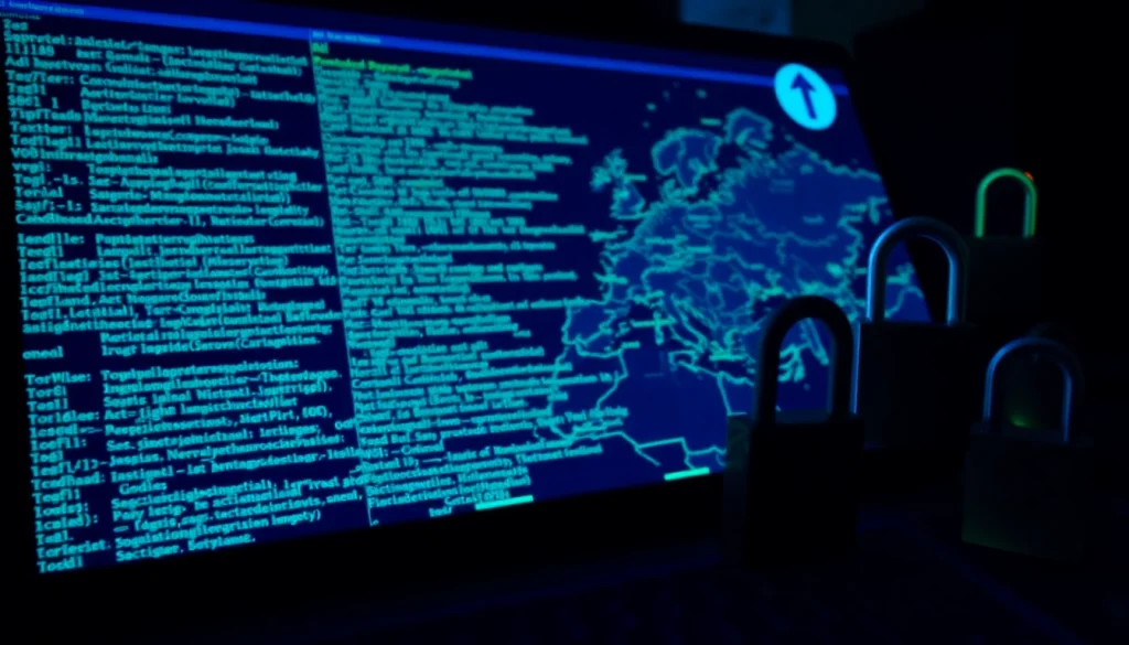 the hidden wiki interface illuminated by digital light, showing .onion links and symbols of security.