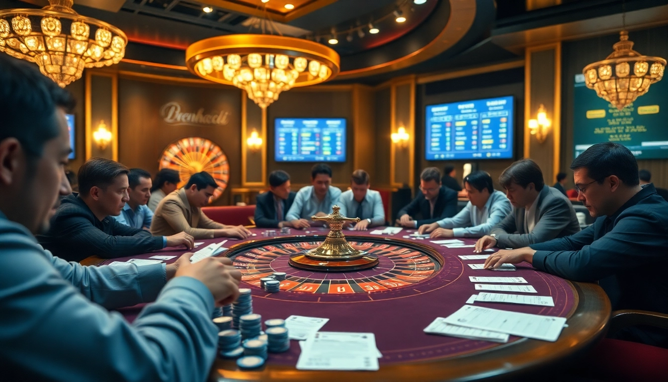 Intense gambling action at a casino table with keen players focused on keonhacai betting odds.