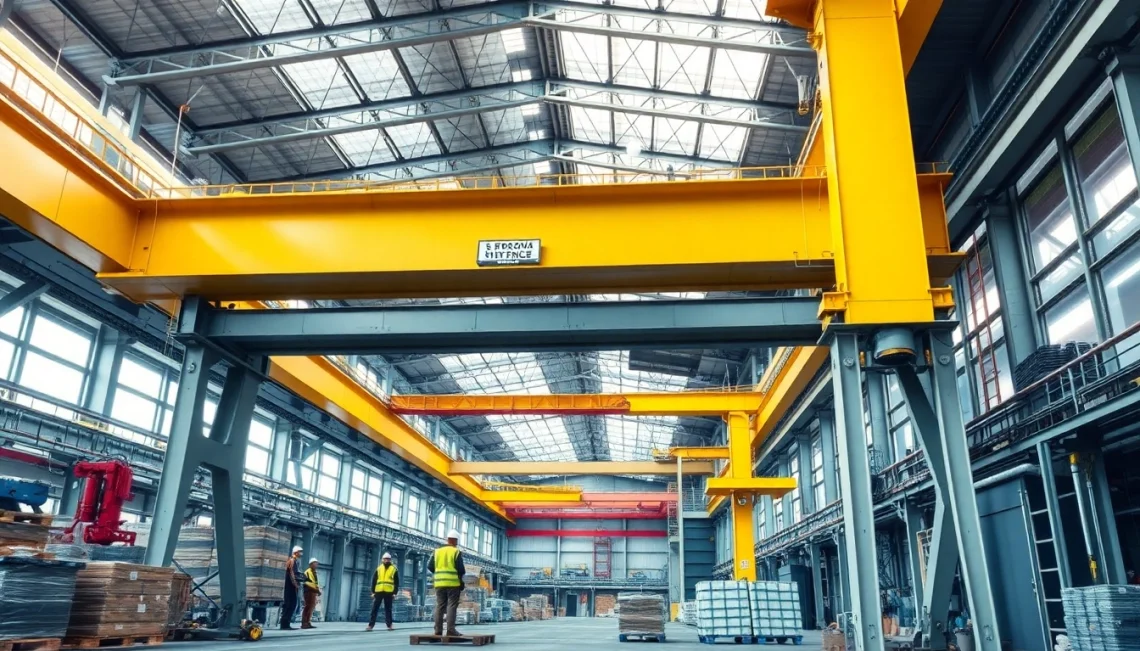Double girder bridge crane operating efficiently in a modern industrial environment with workers nearby.
