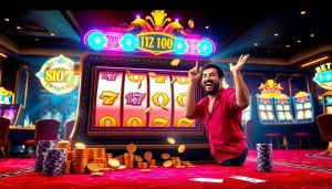 Pemain antusias merayakan kemenangan taruhan slot 100 di mesin slot kasino yang penuh warna.