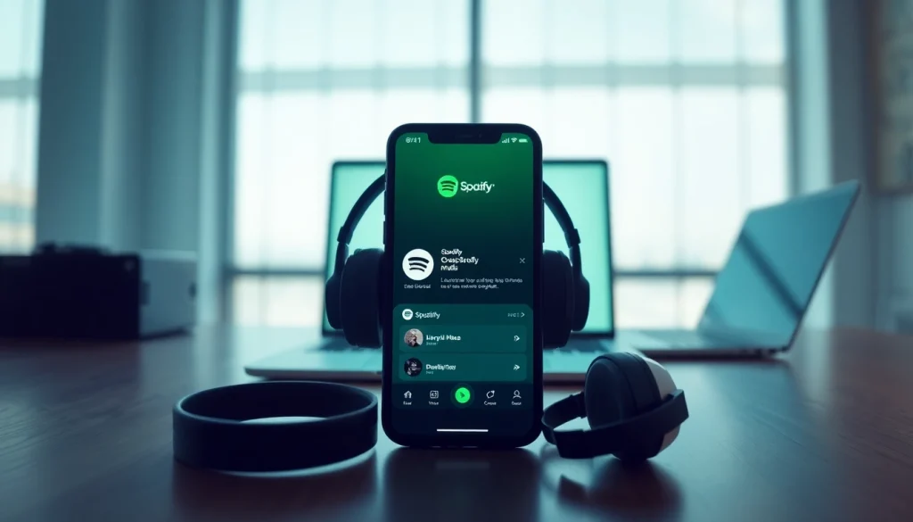 Experience the Spotify mod with a vibrant smartphone interface and engaging digital workspace.