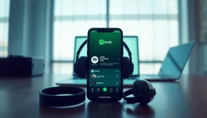 Experience the Spotify mod with a vibrant smartphone interface and engaging digital workspace.