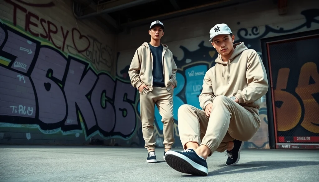 Essentials Tracksuit showcased in urban fashion setting with vibrant graffiti backdrop.