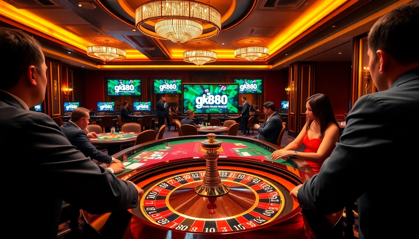 Engaging casino scene showcasing gk88 đăng nhập with vibrant games and professional atmosphere.