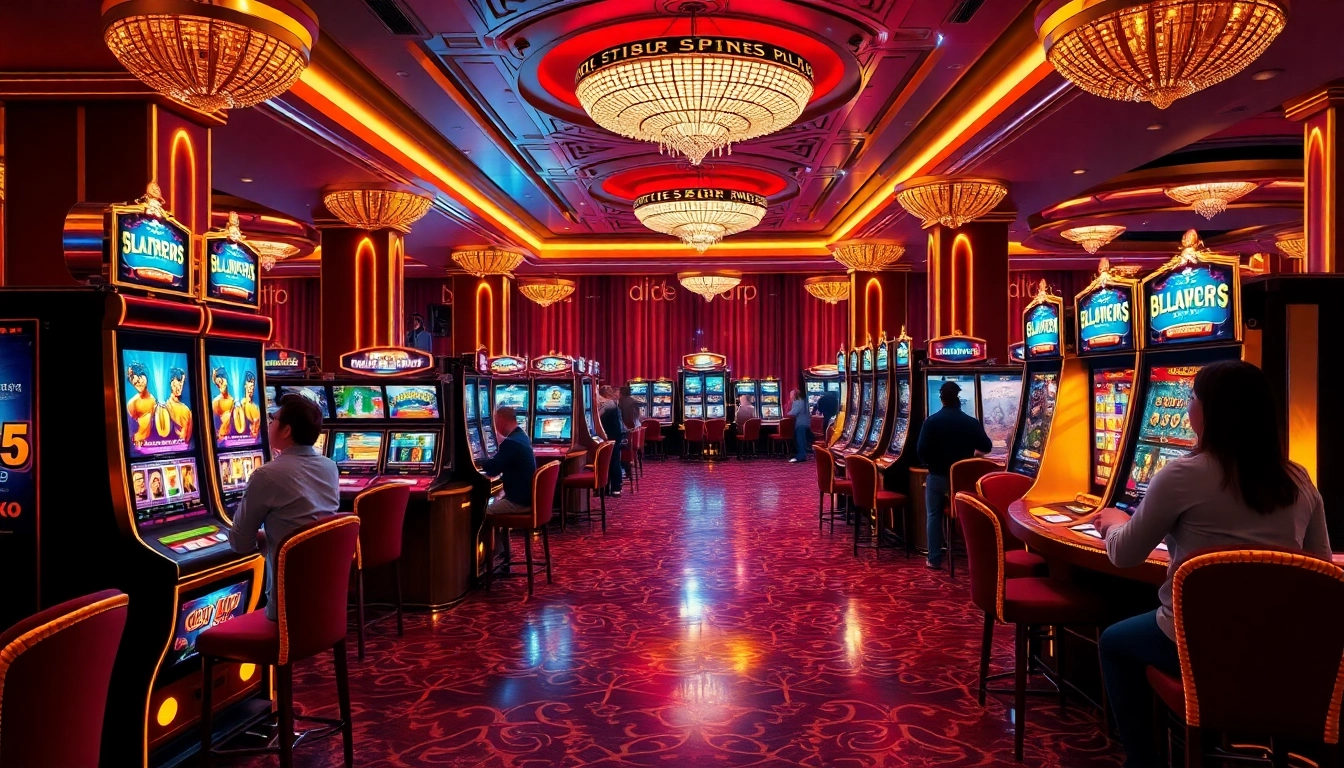 Adegan kasino yang menarik menampilkan mesin slot berwarna-warni dengan setoran minimum slot depo 5rb, menunjukkan kemewahan dan sensasi.