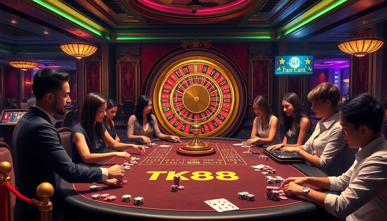 Engaged players at a TK 88 casino table enjoying a thrilling game atmosphere with vibrant elements.