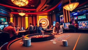 Experience thrilling gameplay at ok88 with a vibrant casino scene showcasing poker, roulette, and online interfaces.