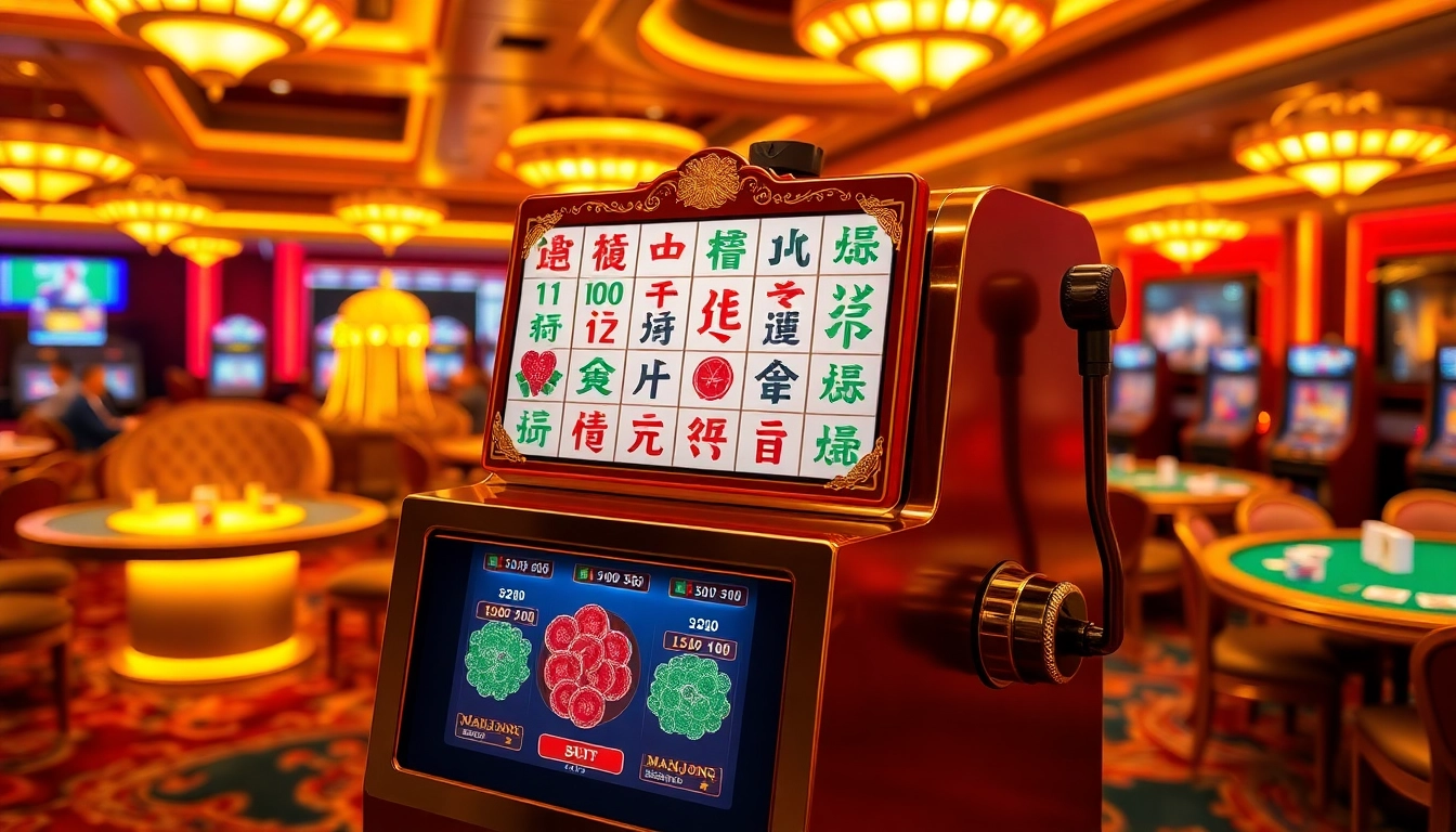 Playing the exciting slot demo mahjong in a luxury casino environment filled with vibrant colors.