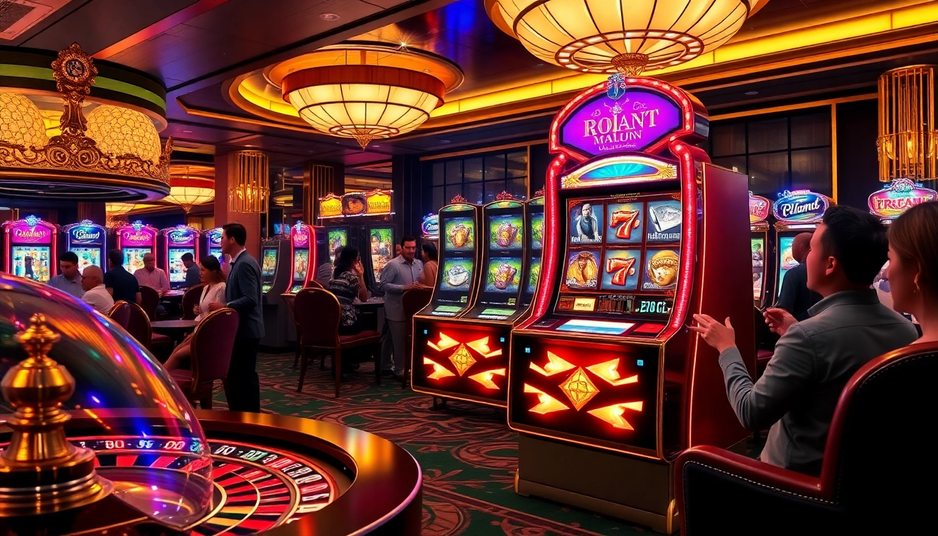 Playing idn slot games at a luxurious casino with vibrant slot machines and excited players.