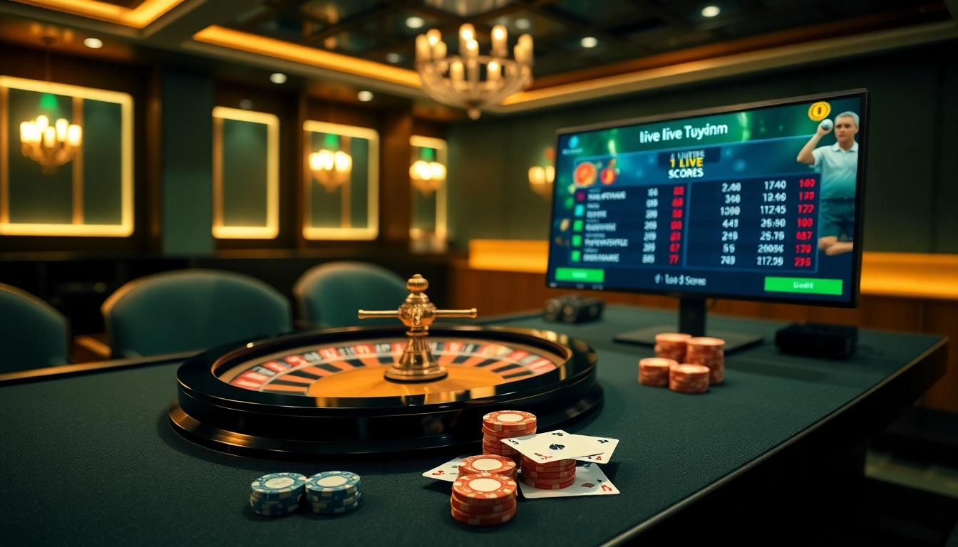 xem tỷ số trực tuyến 7m with an engaging luxury casino scene featuring roulette wheels and live score updates.