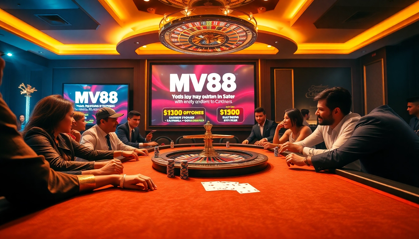 Players engaging in an exhilarating game at a glamorous MV88 casino table with vibrant betting options.