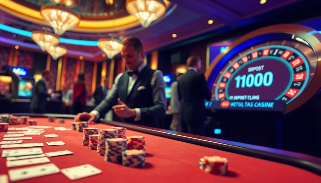 Visualizing a lively casino scene where players engage around a table, excited to deposit 1000 into high-stakes games.