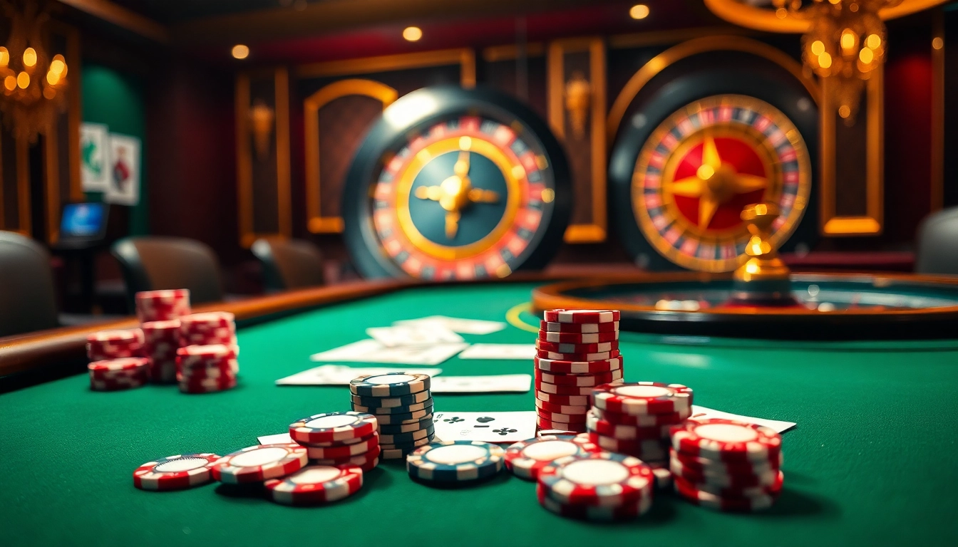 Experience the thrill of high-stakes gambling at LC88 casino tables, featuring vibrant poker chips and cards.