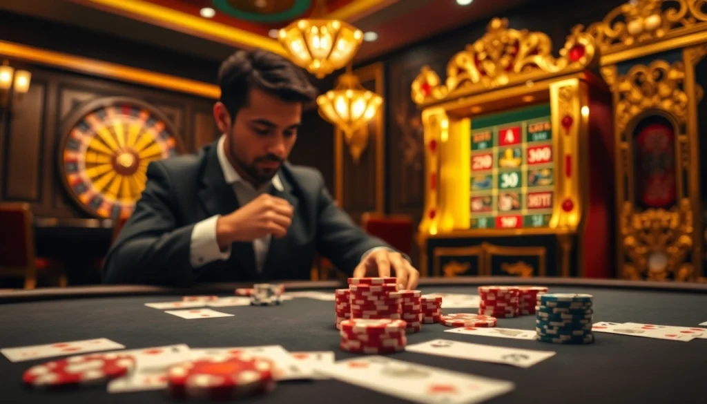 Captivating casino gaming table scene featuring 555win elements with poker chips and cards.