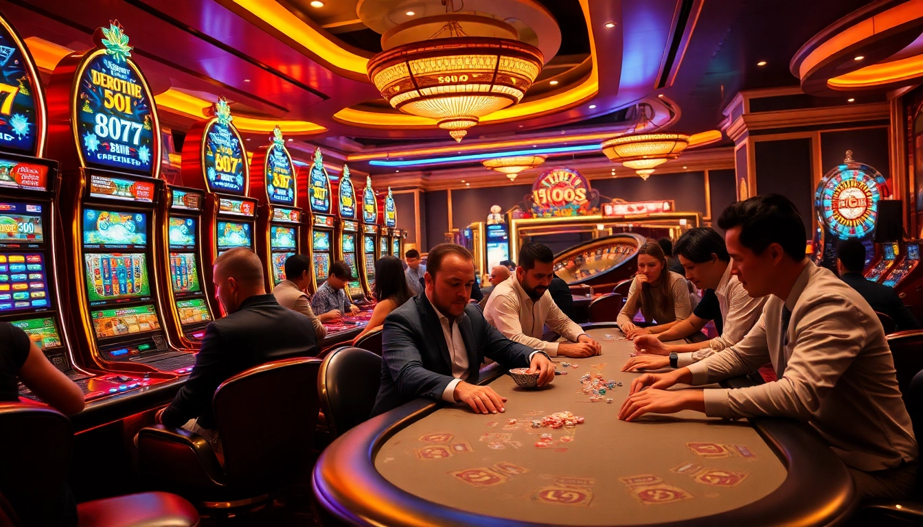 Players enjoying a vibrant casino experience at sc88archi, featuring slot machines and poker tables.