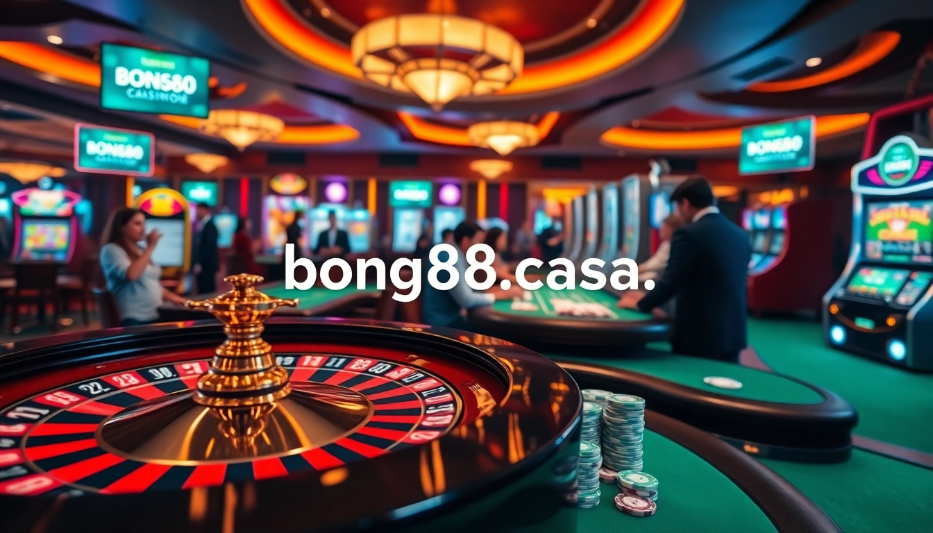 Experience the thrill of gambling at bong88.casa with poker chips and a live roulette wheel.