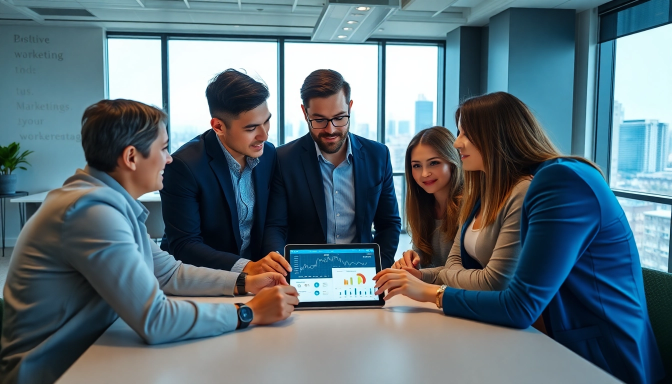 Marketing Agency team collaborating in a modern office setting, highlighting teamwork and creativity.