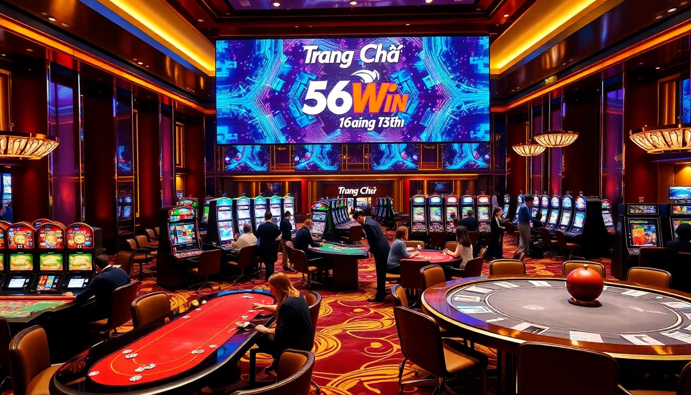 Experience vibrant gambling excitement at Trang Chủ 56WIN casino with lively tables and slot machines.