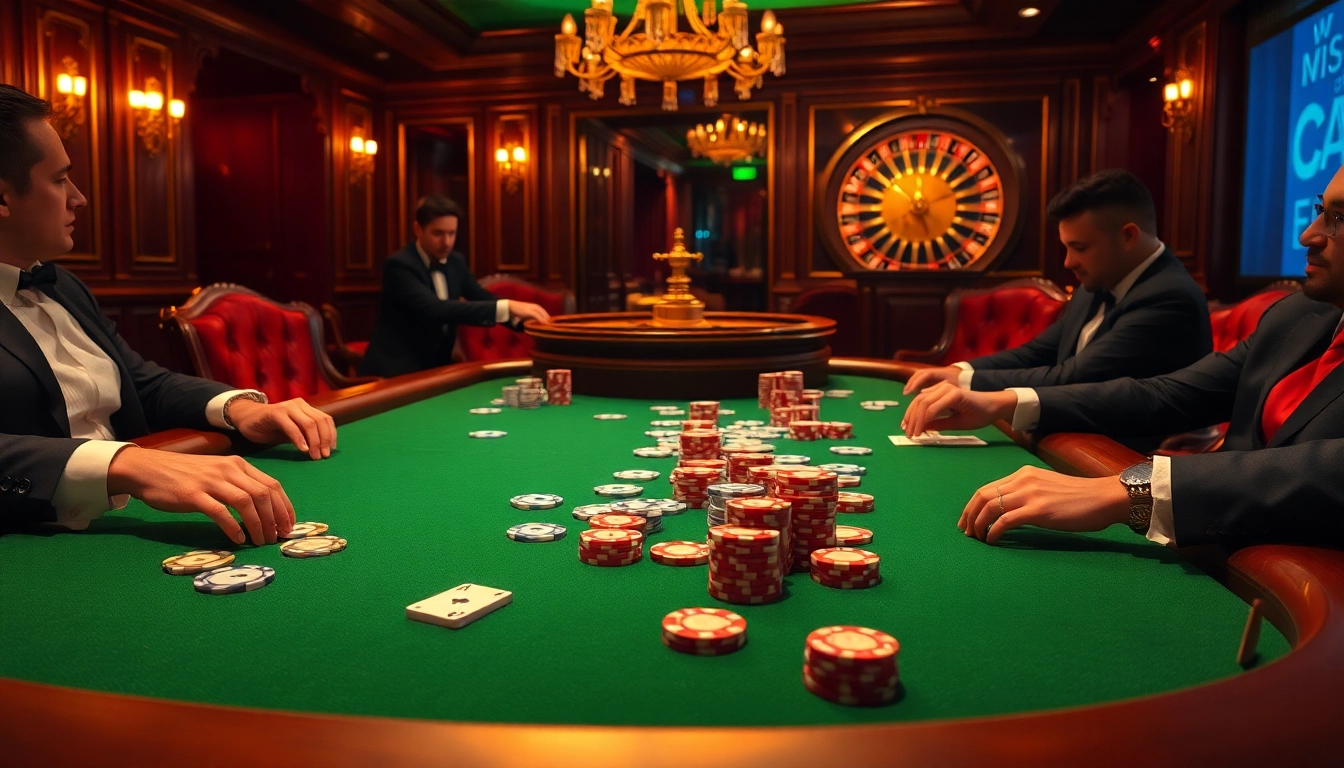 Engaging gamblers at a luxurious poker table, hinting at hidden wiki onion connections through shadows.